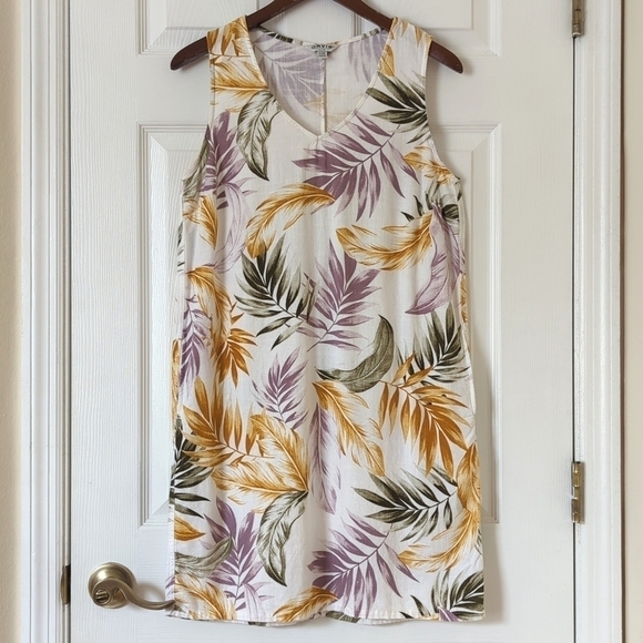Orvis Dresses & Skirts - Orvis Tropical Leaf Printed Linen Blend Sleeveless V-neck Mini Dress White Small